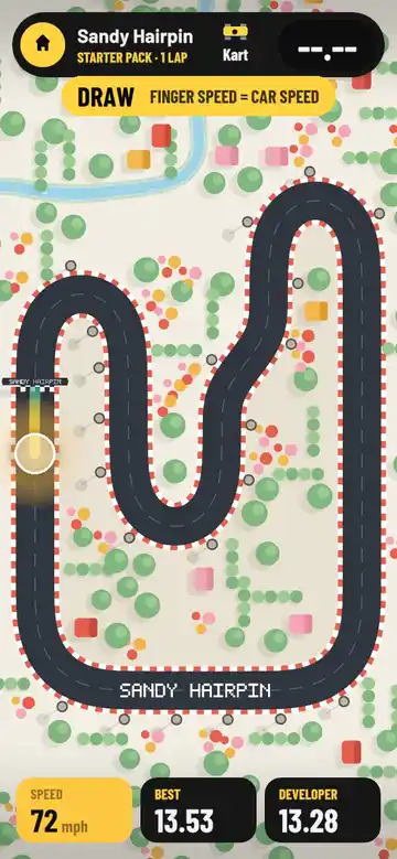 A finger draws a lap of Sandy Hairpin, then a kart races the line that was drawn and the result shows a silver medal